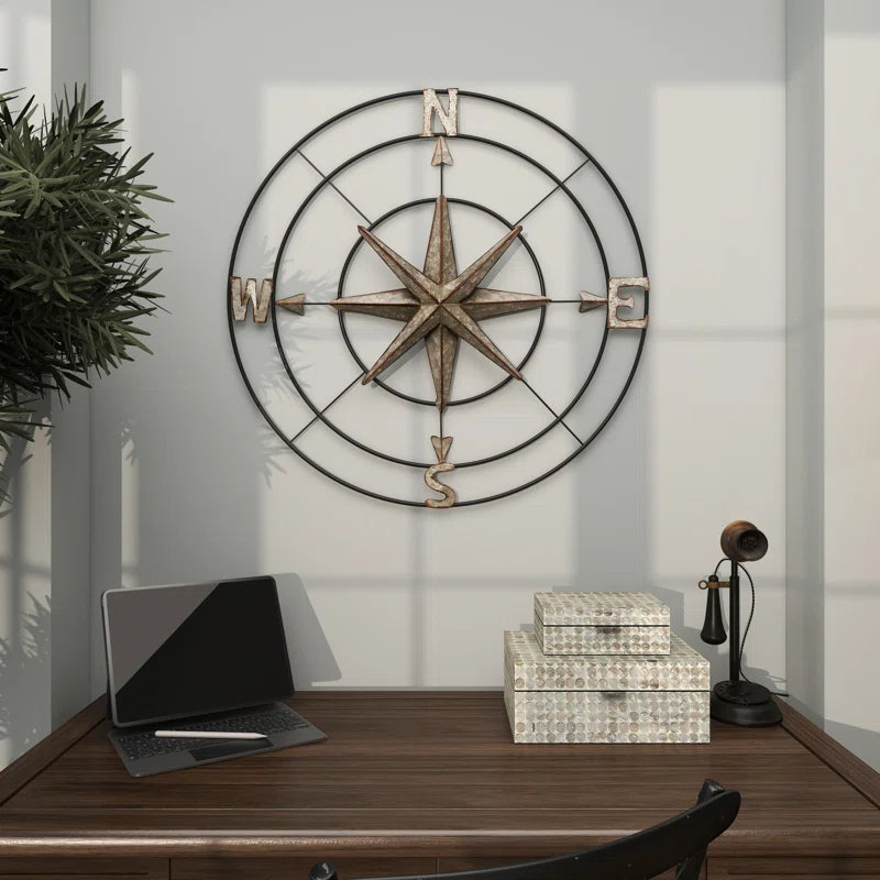 Metal Indoor Outdoor Compass Home Gray Wall Decor with Distressed Copper like Finish