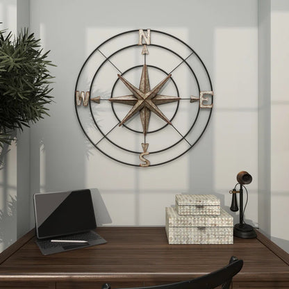 Metal Indoor Outdoor Compass Home Gray Wall Decor with Distressed Copper like Finish