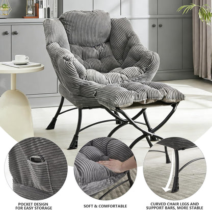 Bellemave Lazy Chair with Ottoman, Lounge Accent Chair with Armrests and Side Pocket, Leisure Upholstered Sofa Chairs with Footrest for Small Space, Reading Chairs for Living Room, Bedroom (Grey)