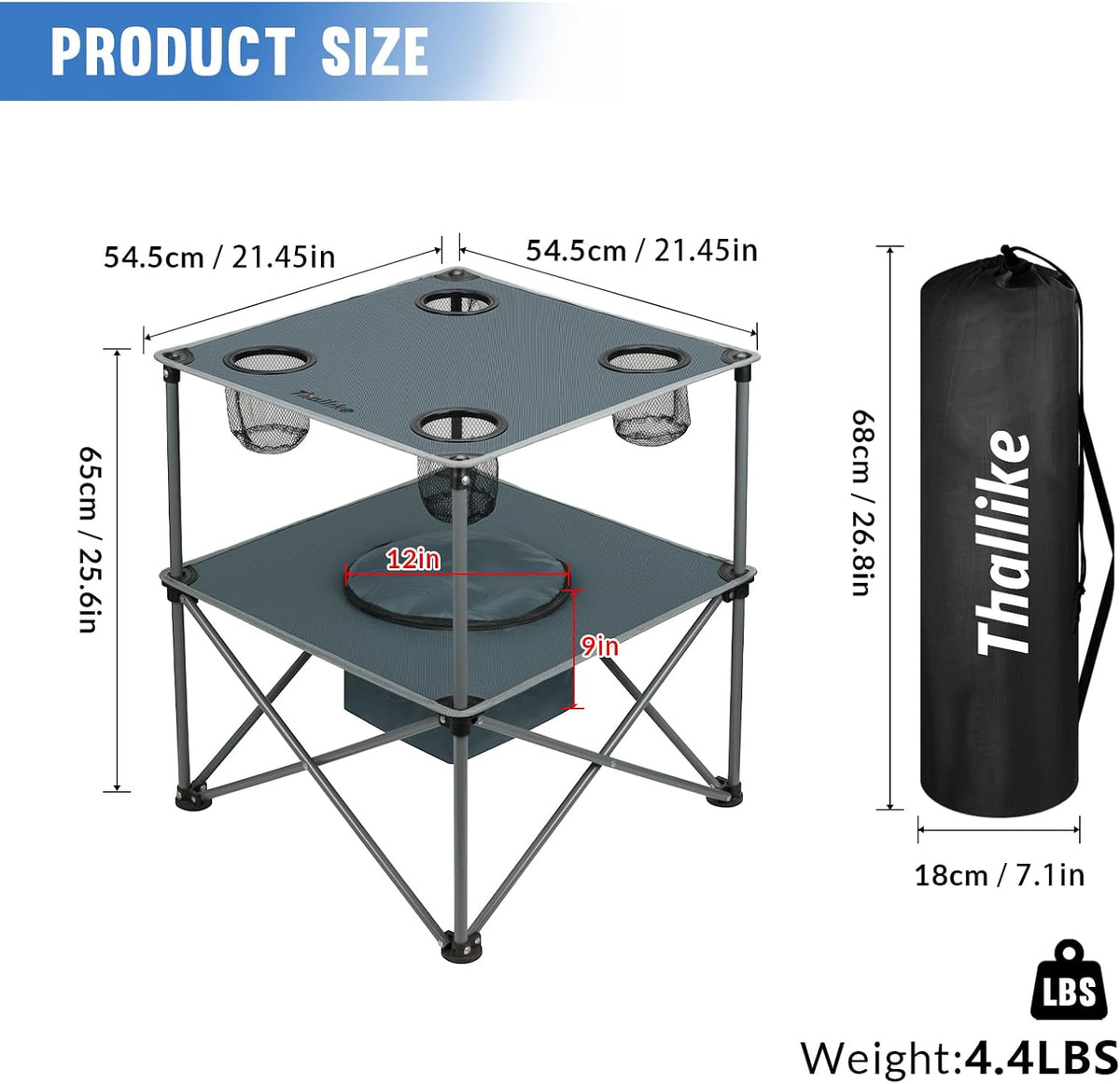 Portable Picnic Camping Table with Cooler, Folding Beach Table with 4 Tear Resistance Cup Holders, Tailgating Table Carry Bag for Travl, Beach, Summer Cookout Essential (Grey)