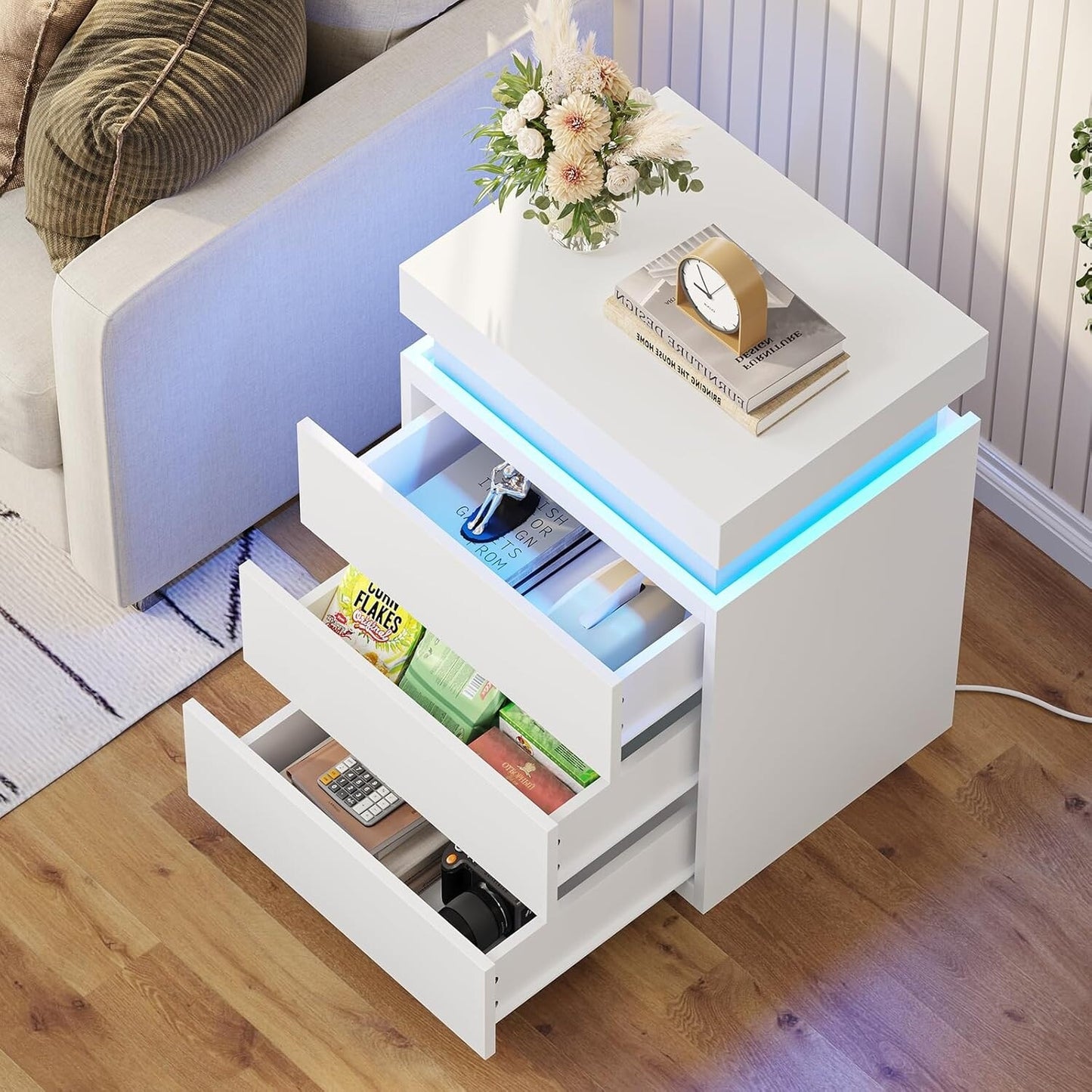 Bedroom Nightstand Charging Station LED Lights Sliding Top Drawers