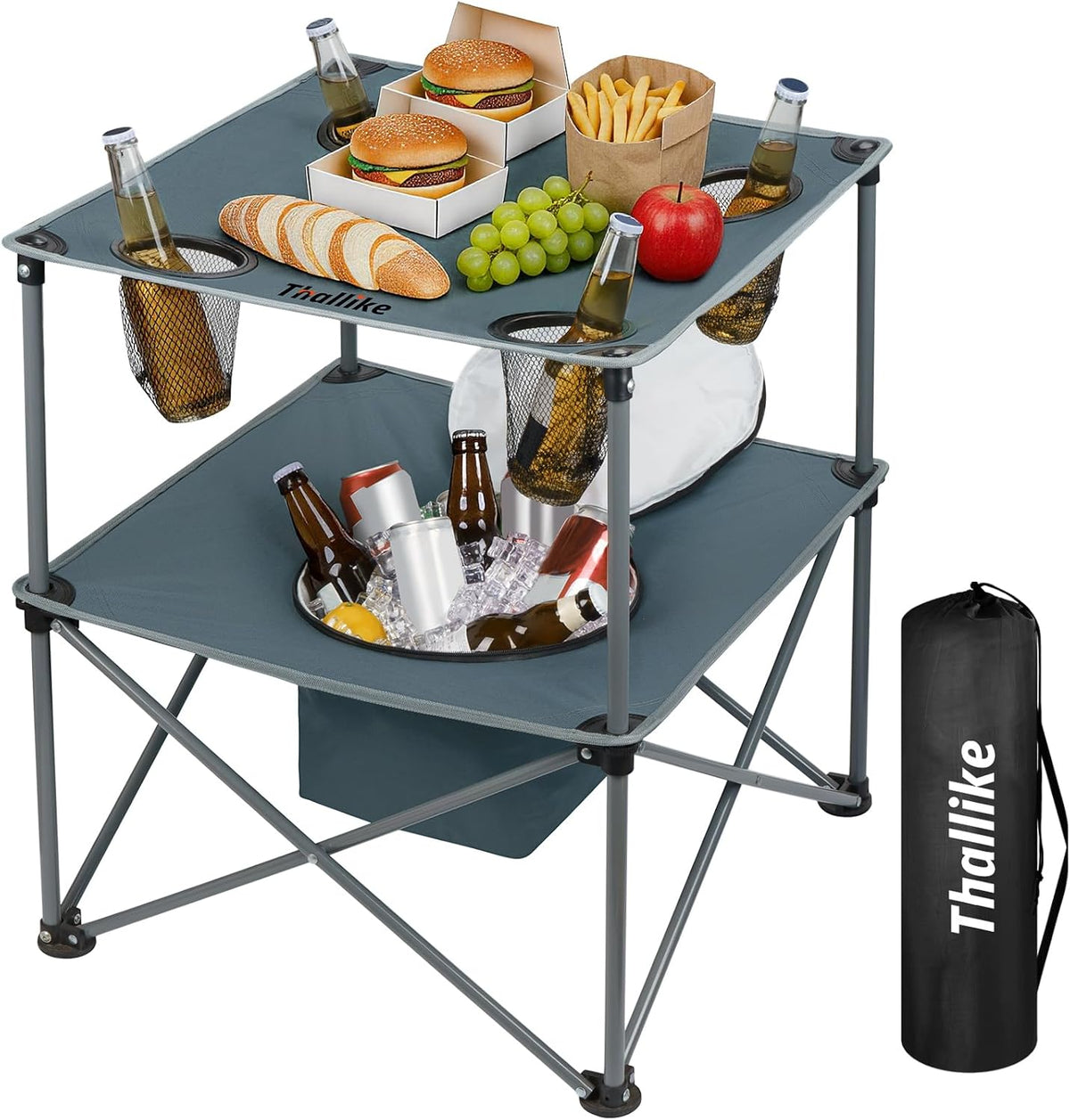 Portable Picnic Camping Table with Cooler, Folding Beach Table with 4 Tear Resistance Cup Holders, Tailgating Table Carry Bag for Travl, Beach, Summer Cookout Essential (Grey)