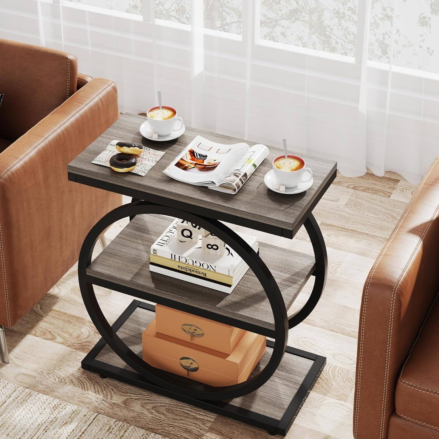 Narrow End Table with 3 Storage Shelves, Wood Side Table for Living Room