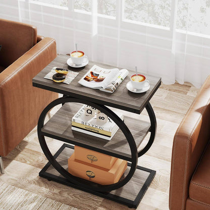 Narrow End Table with 3 Storage Shelves, Wood Side Table for Living Room