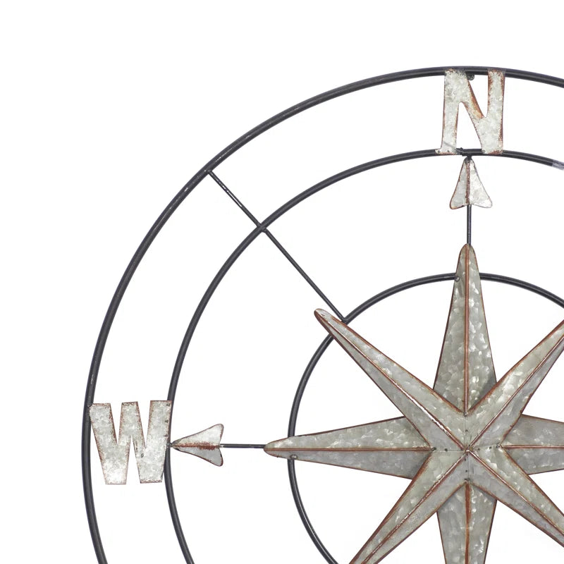 Metal Indoor Outdoor Compass Home Gray Wall Decor with Distressed Copper like Finish
