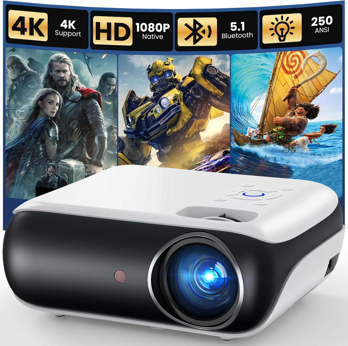 HAPPRUN Native 1080P Bluetooth Mini Projector, Full HD Portable Outdoor Movie Projector with Built-In Speaker, Compatible with Smartphone, HDMI, USB, AV, Fire Stick, PS5 for Home, Bedroom, Outdoor Use