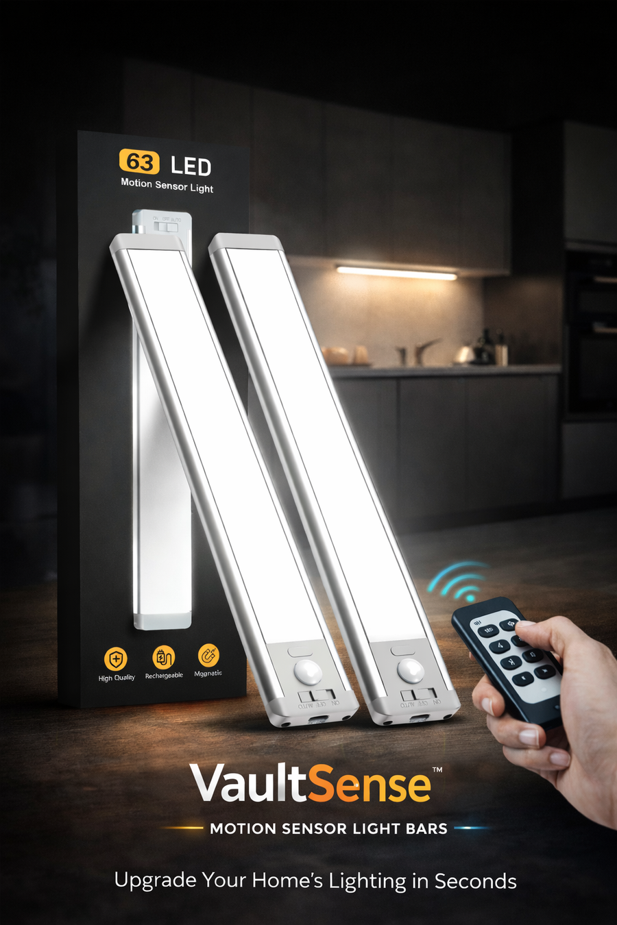 VaultSense™ Motion Sensor Light 2 pack 10inch Under Cabinet Lighting, 2 Pack Rechargeable Motion Sensor Light Indoor, 5 Levels Dimmable Magnetic Closet Lights, Wireless Under Counter Lights for Kitchen, Stairs