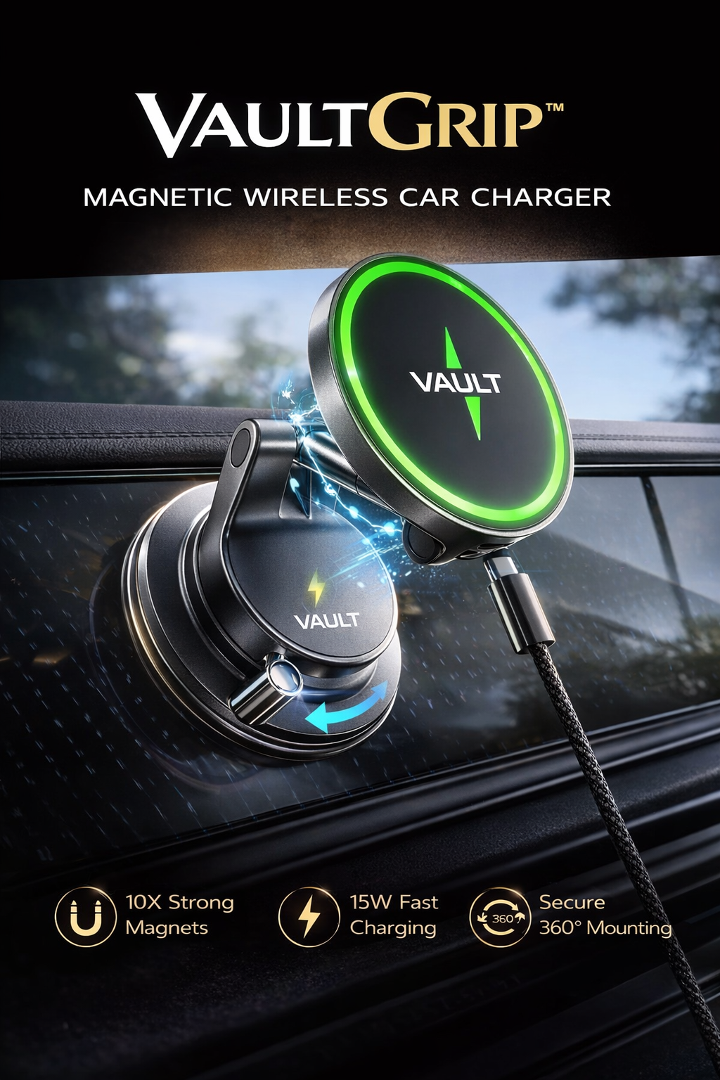 Vault Magsafe 15W  Car Mount Charger, Suction Cup Phone Mount, Magnetic Wireless Car Charger, Vacuum Magnetic Phone Holder Car Mount for Iphone 17 Pro Max 16 15 14 13 12, Samsung S26/S25, Pixel 10 Pro