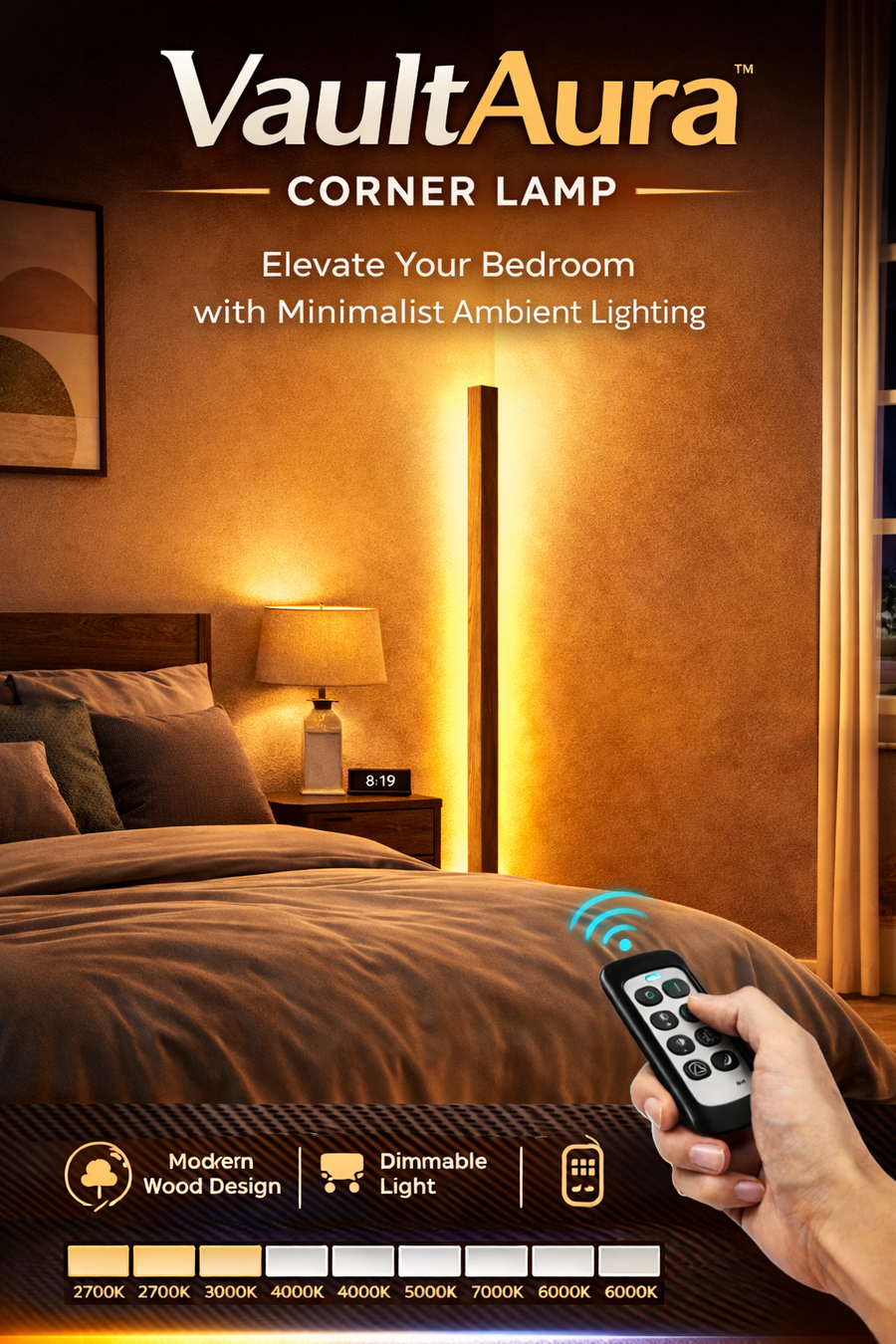 VaultAura™ Corner Lamp Wood LED Corner Floor Lamp, Modern Dimmable Light with Remote, Minimalist Standing Floor Lamps for Living Room, Bedroom, Office, 7 Color Temperature 2700~6000K, 48.43"