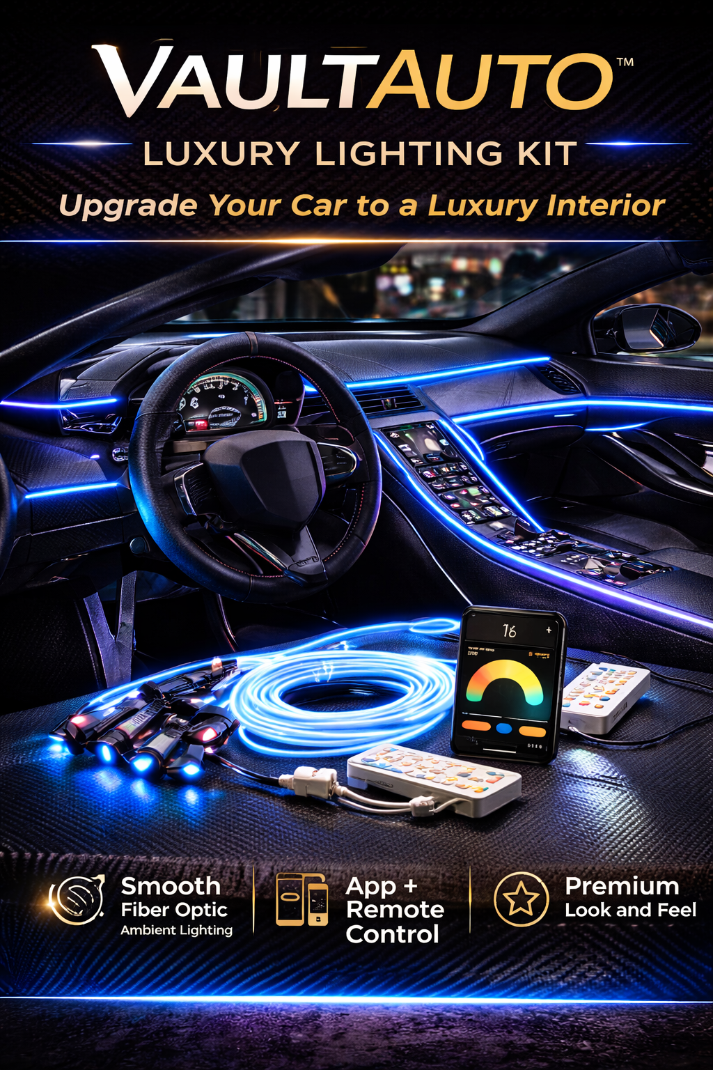 Vault Auto Luxury Lighting Kit  Car LED Interior Strip Light, 10 in 1 RGB Multicolor with 470 inches Fiber Optic Ambient Lighting Kits with Remote and APP Control, Car USB LED Strip Lights with Music Sync Mode