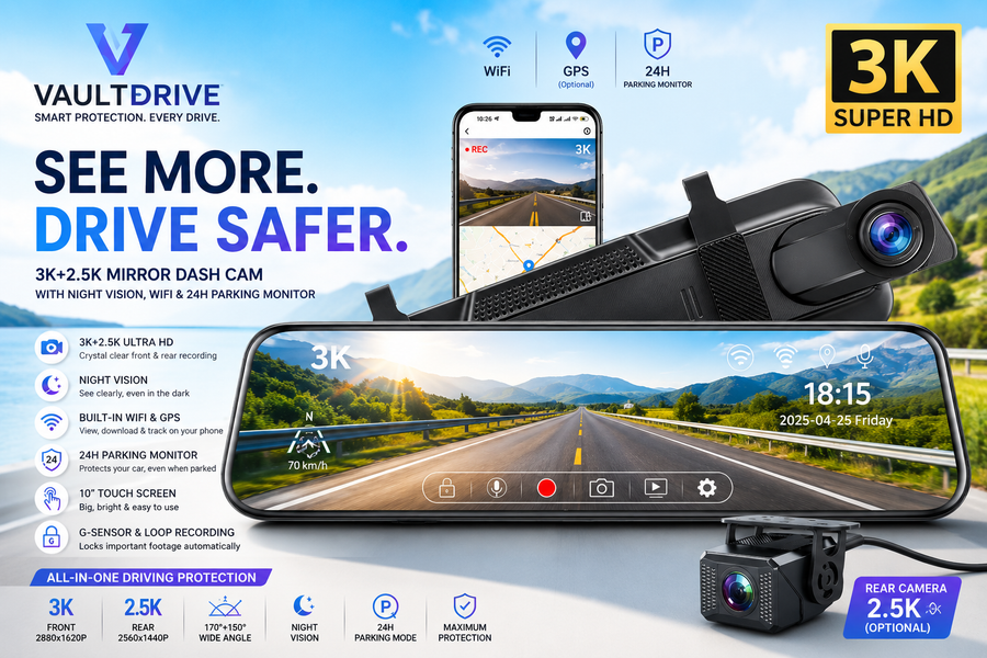 E-ACE 3K+2.5K DVR Mirror for 10"Dash Cam Recorder Optional Rear Camera Night Vision Hisllicon Chip GPS WIFI 24H Parking Monitor