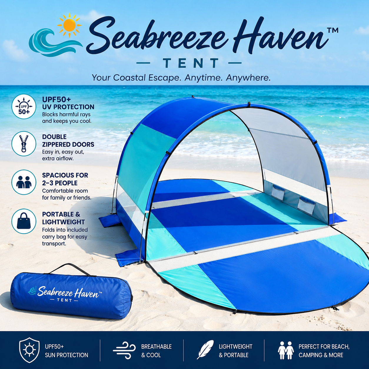 Rhino Valley Beach Tent with Double Zippered Doors, Beach Tent Sun Shelter with UPF50+ UV Protection, Beach Canopy Portable Storage Bag for Beach Camping Fishing, for 2-3 People