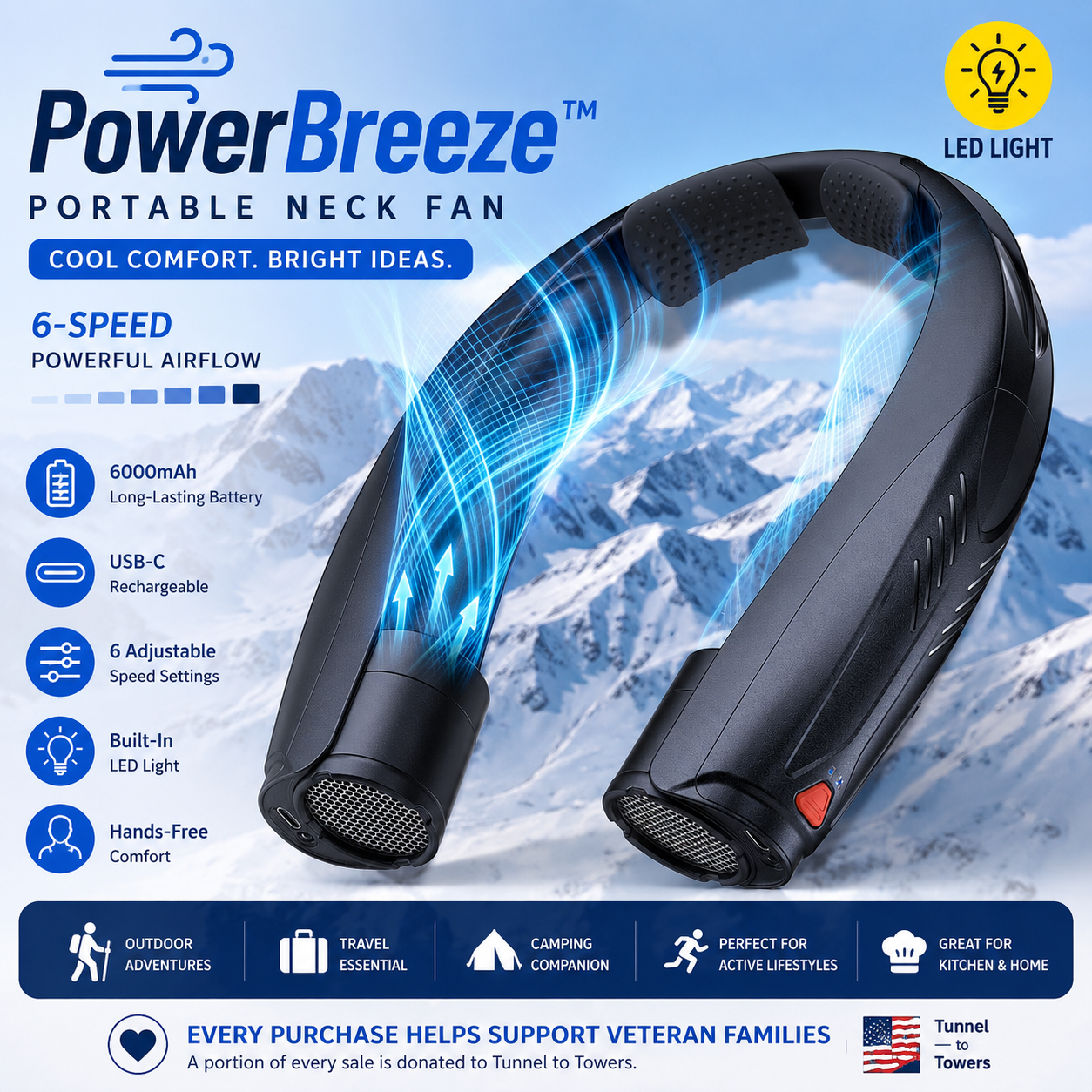 Power Breeze™ /  Portable Neck Fan with Reading Light, 6-Speed Wearable Fan, 6000Mah USB-C Rechargeable Hands Free Fan for Outdoor Work, Travel, Camping, Kitchen, Running - Black