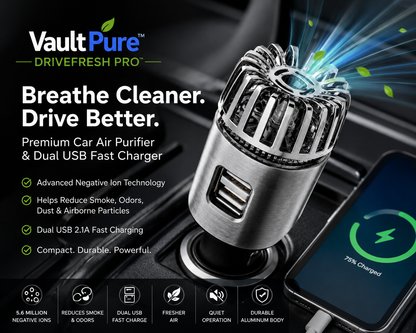 Car Air Purifier Ionizer - 12V Plug-In Ionic Anti-Microbial Car Deodorizer with Dual USB Charger - Smoke Smell, Pet and Food Odors, Allergens, Viruses Eliminator for Car (Matte Silver)