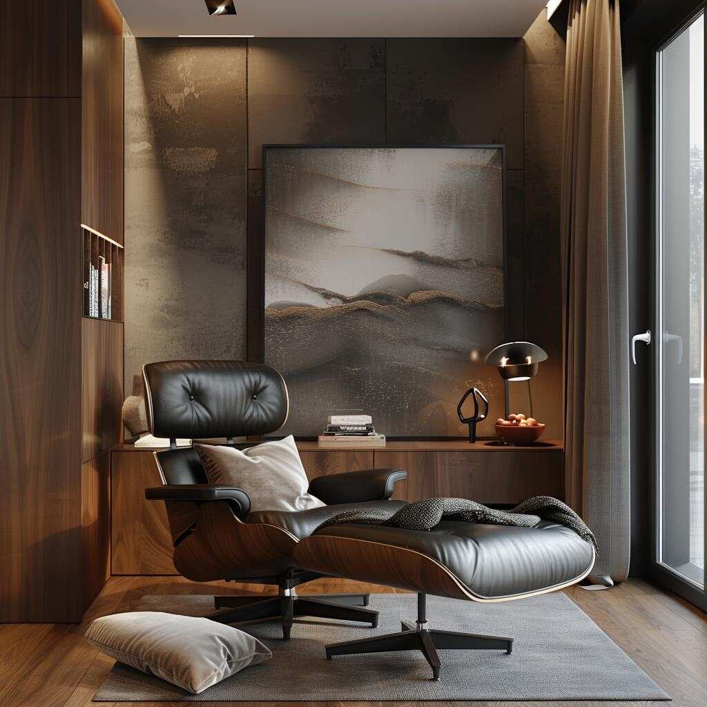 Mid-Century Full Grain Leather Accent Chaise Lounge Chair and Ottoman