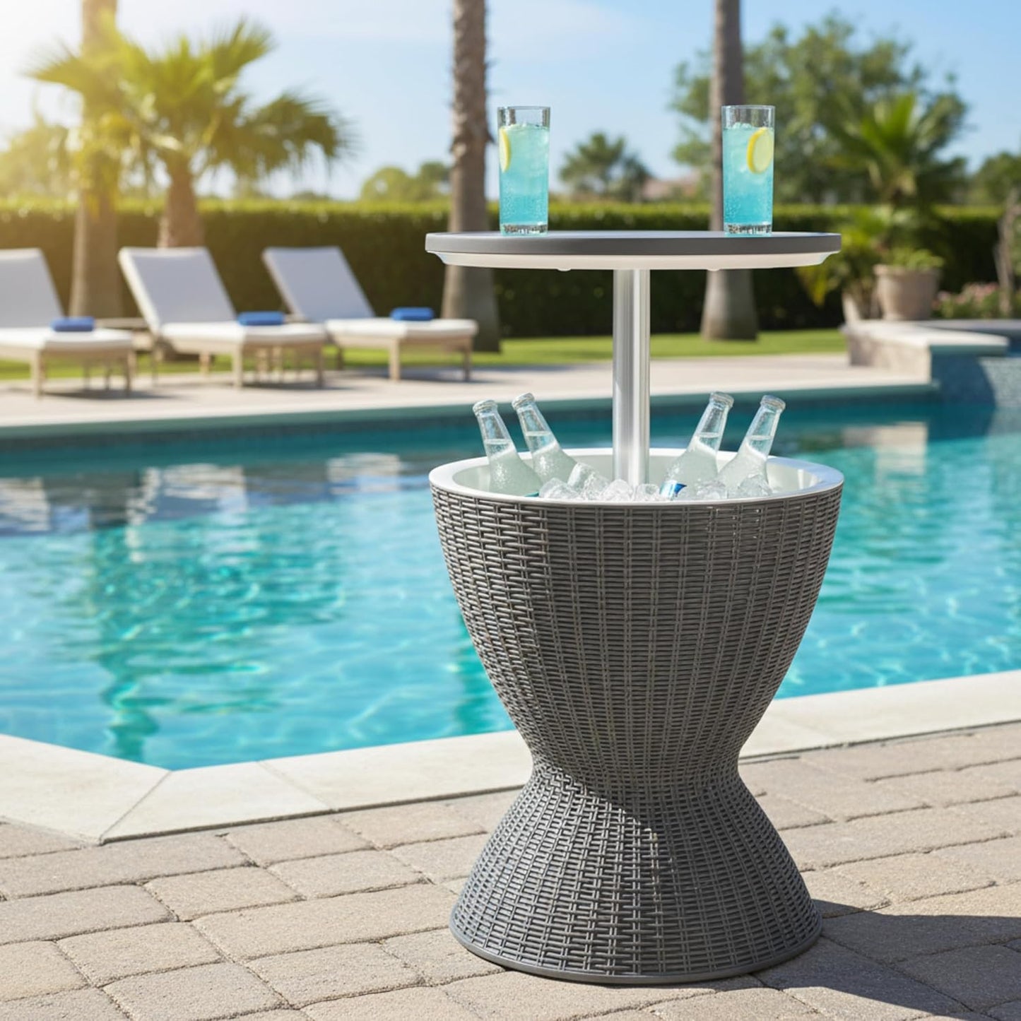 Tangkula Outdoor Cooler Table, Multi-Functional Cooler Bar Table, Adjustable Height Ice Cooler Side Table W/Drain Plug, 8 Gallon Beer & Wine Cooler, Rattan Style Patio Furniture for Pool Parties | Adjustable Height Ice Cooler Side Table W/Drain Plug, Beer & Wine Cooler, Rattan Style Patio Furniture for Pool Parties