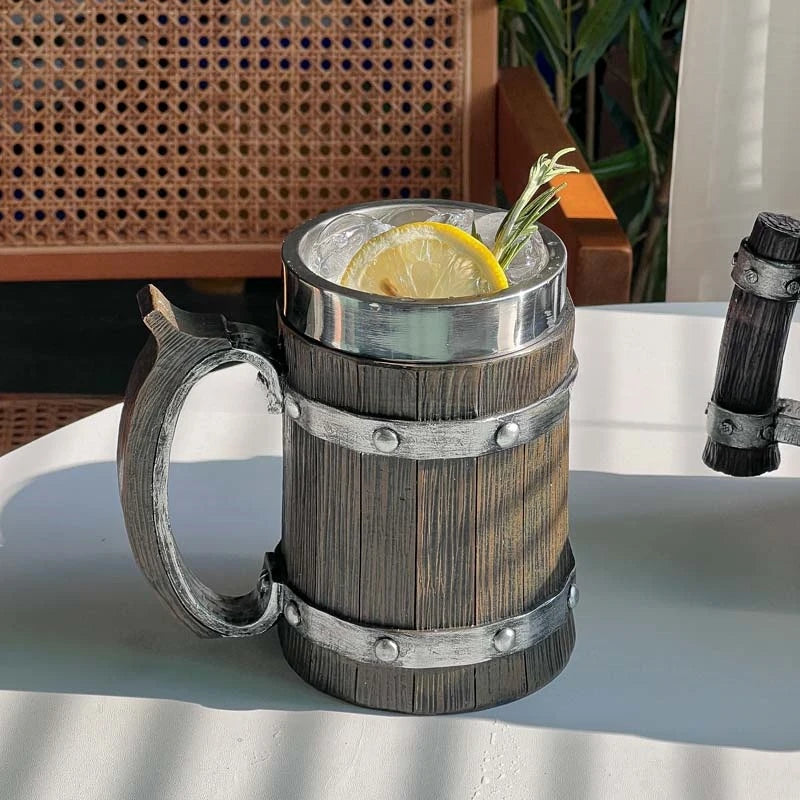Viking Wood Style Beer Mug 3D Resin Stainless Steel Coffee Cup Wine Glass Metal Double Wall Mug Beer Jug Cup Thermal