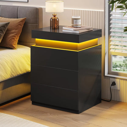 Bedroom Nightstand Charging Station LED Lights Sliding Top Drawers