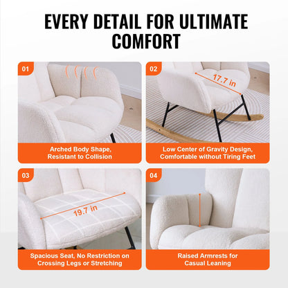 VEVOR Rocking Chair Nursery, Glider Rocking Chair with Soft Seat and High Backrest, Electric Chair 250 Lbs Weight Capacity Teddy Fabric, Upholstered Glider Rocker Chair for Nursery, Bedroom, Living Room, Ivory White