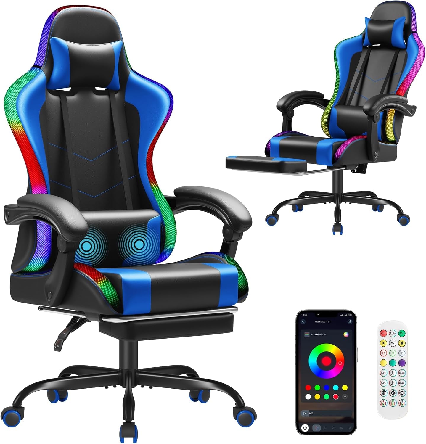 Homall Gaming Chair, Video Game Chair with Footrest and Massage Lumbar Support, Ergonomic Computer Chair Height Adjustable with Swivel Seat and Headrest (White)