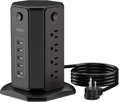 Power Strip Tower Surge Protector, NTONPOWER 8 Outlet 5 USB Desktop Charging Station 1625W 13A, 6Ft Extension Cord Flat Plug, Individual Switches, 1080 Joules, Overload Protection for Home Office