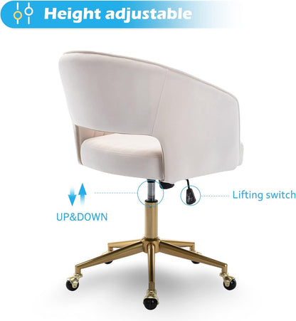 Home Office Chair Swivel Velvet Desk Chair Accent Armchair Upholstered Modern Tufted Chairs with Gold Base for Girls Women Ergonomic Study Seat Computer Task Stools for Living Room(Cream)