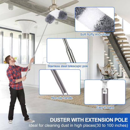 Microfiber Duster Kit (11PCS) - Washable Dusters with Extension Pole (30 to 100 In) for Cleaning Ceilings, Fans, Furniture