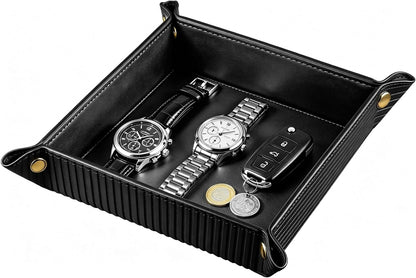 Viral Vault Roman Texture Valet Tray — PU Leather EDC Catchall & Nightstand Organizer