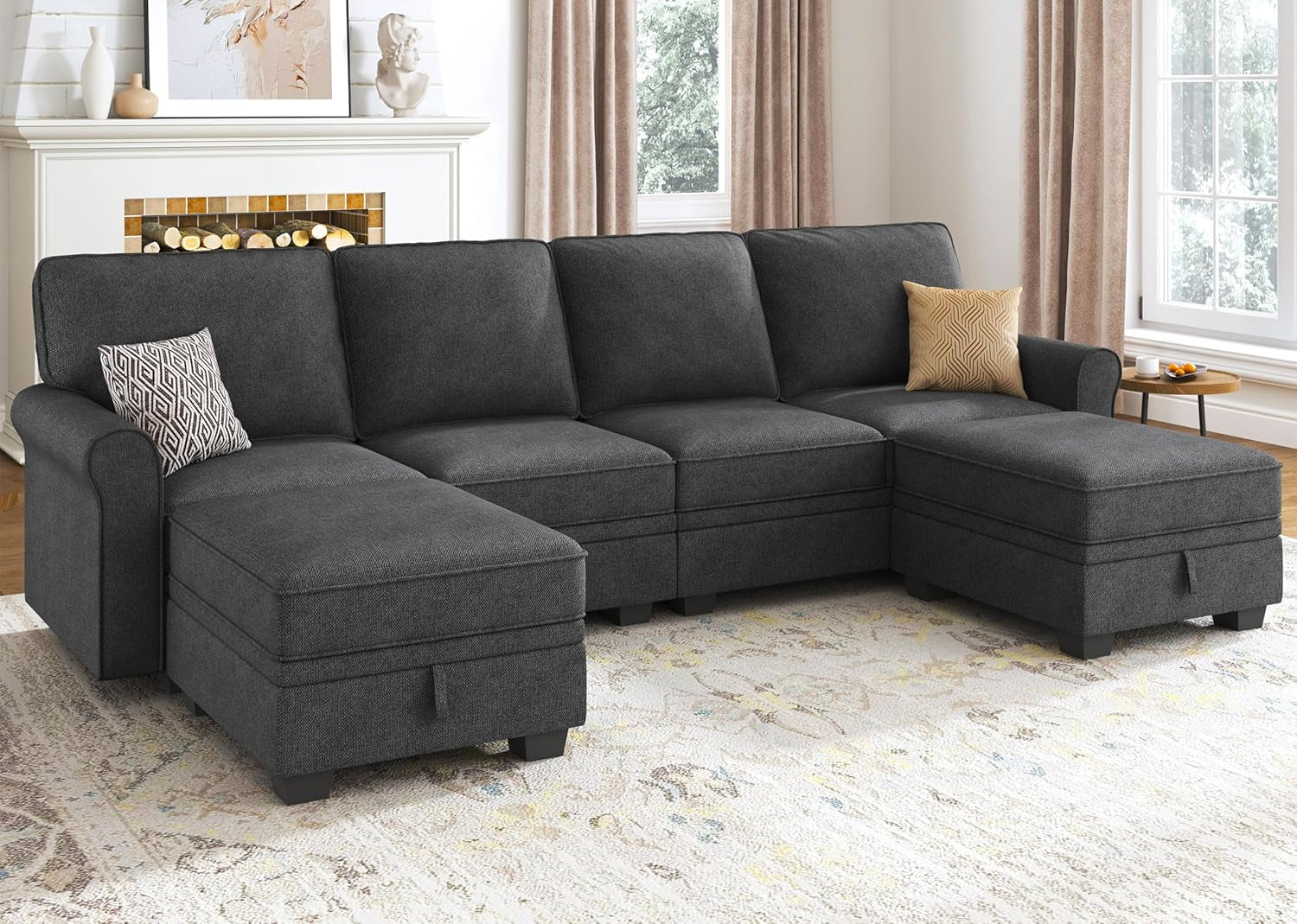 HONBAY Sectional Sofa with Storage Seat U Shaped Sectional Couch with Reversible Chaise Convertible Sectional Couches for Living Room,Dark Grey