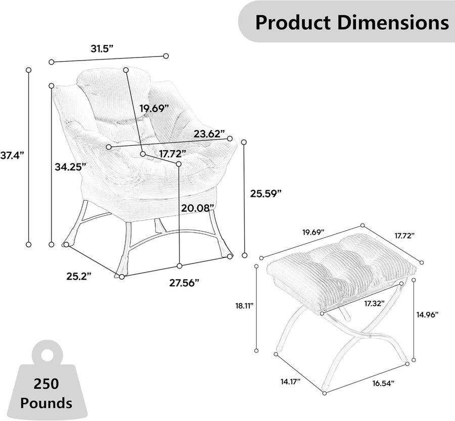 Bellemave Lazy Chair with Ottoman, Lounge Accent Chair with Armrests and Side Pocket, Leisure Upholstered Sofa Chairs with Footrest for Small Space, Reading Chairs for Living Room, Bedroom (Grey)