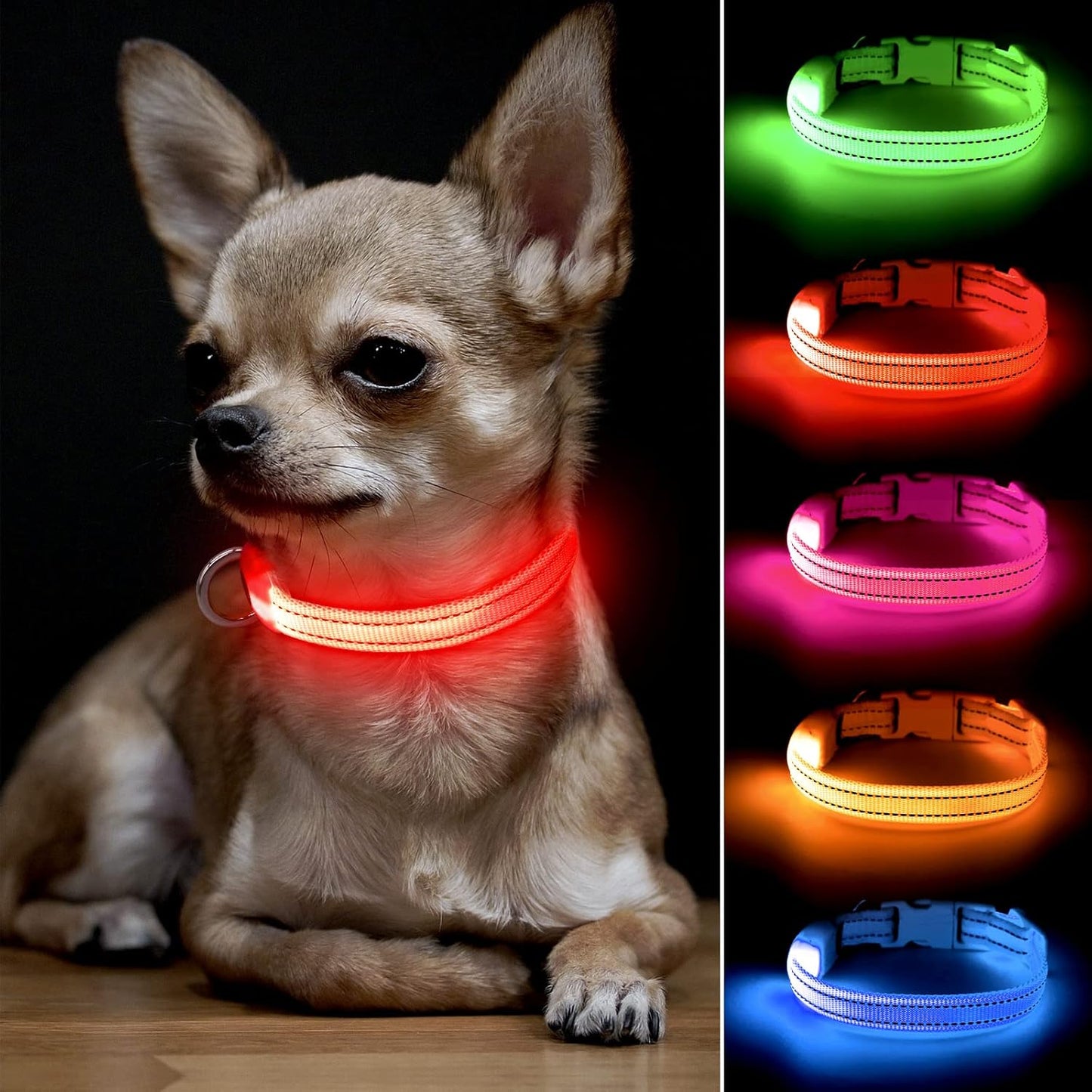 BSEEN Adjustable LED Dog & Cat Collar - Rechargeable, Small Breeds, Green, 8.5-11.8 Inches, Nylon, Lightweight, Reflective, 2 Flash Modes