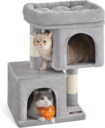 Feandrea Cat Tree, 33.1-Inch Cat Tower, Plush Condo for Large Cats up to 16 Lb, Large Perch, 2 Caves, Scratching Post, Light Gray UPCT61W
