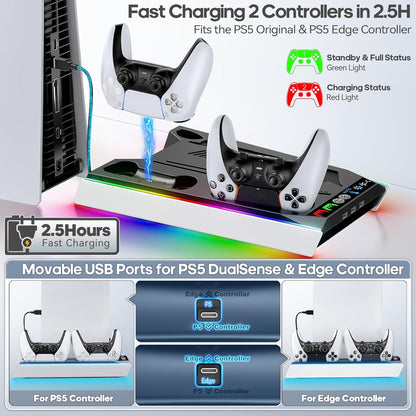 Ps5/Slim/Pro Cooling Station with Auto Turbofan & 3-Level Speed, PS5 Vertical Stand Cooling Fan Station with Controller Charger, Accessories Base Cooler Docking Station for Sony Playstation 4 Charger