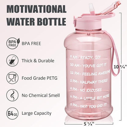 Fimibuke Half Gallon Water Bottle with Sleeve 64 OZ Water Bottle with Handle & Straw Leakproof Motivational Sports Gym Water Bottle with Time Marker BPA Free Water Jug with Reusable Neoprene Holder