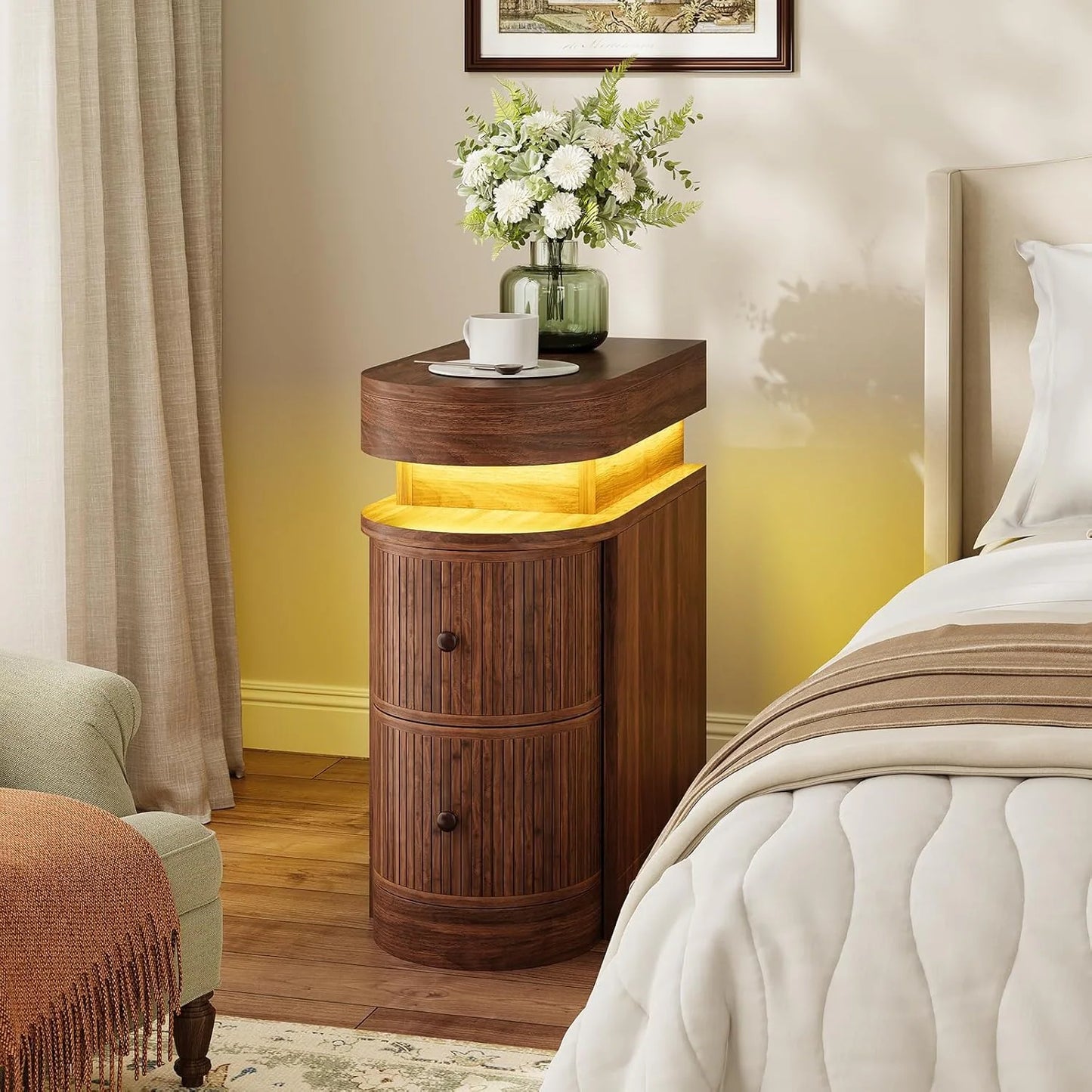 Bedroom Nightstand Charging Station LED Lights Sliding Top Drawers