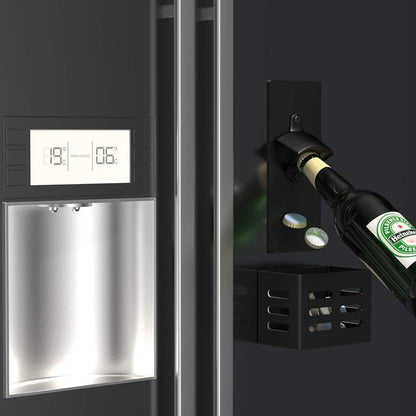 Magnetic Bottle Opener with Cap Catcher, Man Cave Accessories Removable Wall Mounted Beer Bottle Opener for Kitchen Fridge, Beer Gifts for Men (Black)