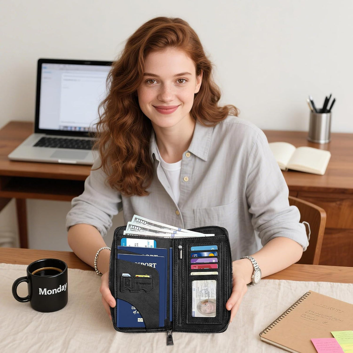 RFID-Blocking Family Passport Wallet – Multi-Document Travel Organizer with Removable Wristlet