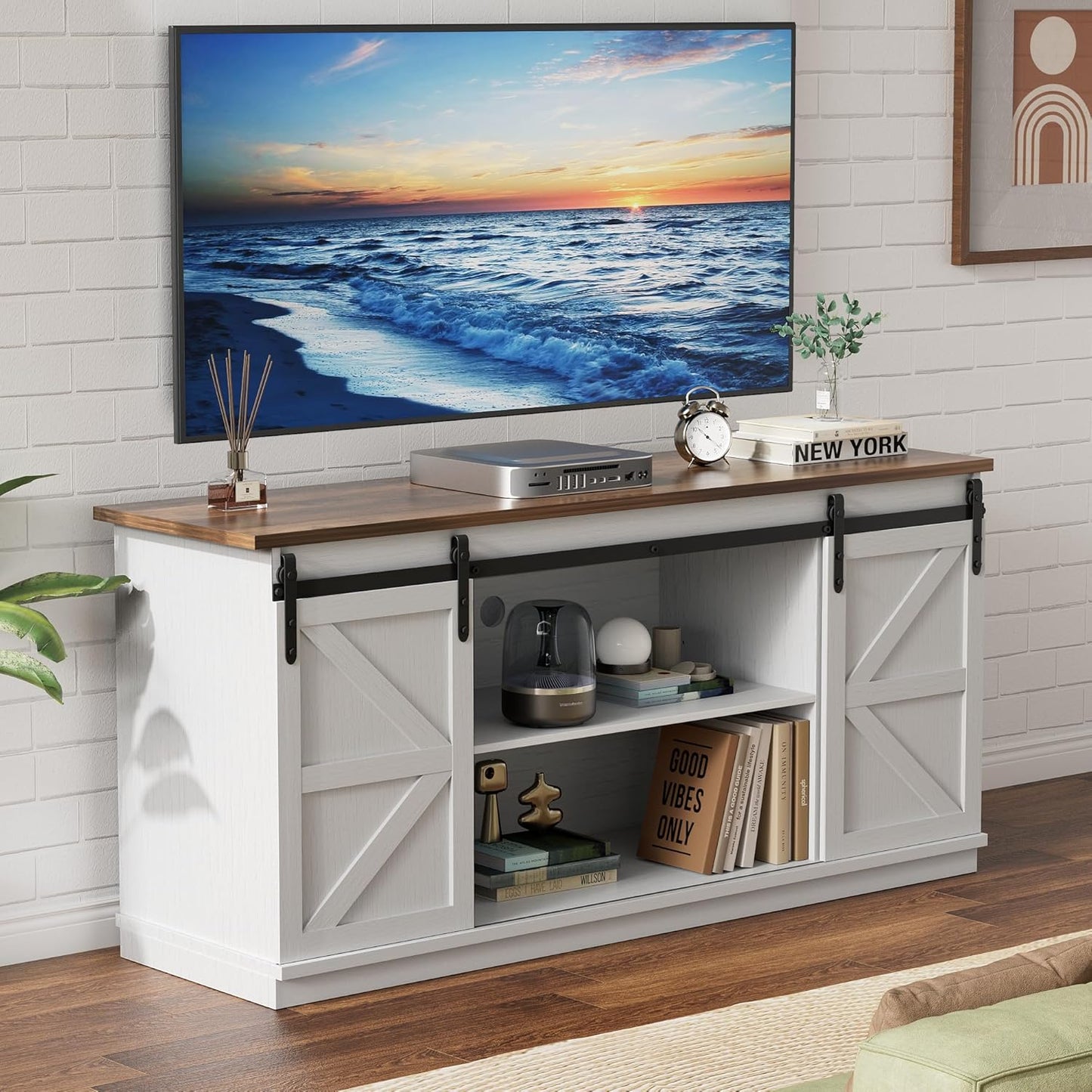 YESHOMY Farmhouse TV Stand for Televisions up to 65 Inches, Sliding Barn Doors and Storage Cabinets, Console Table and Media Furniture for Living Room, 58 Inch, Milk White