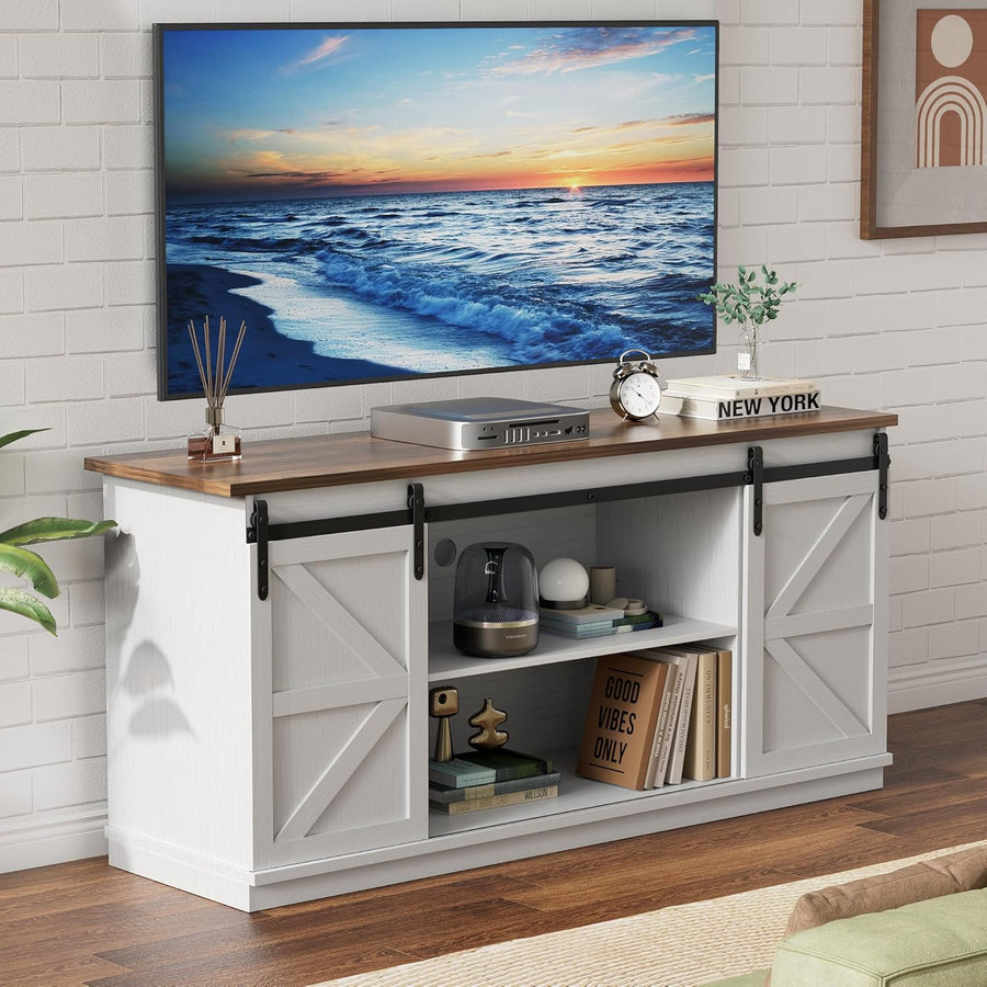 YESHOMY Farmhouse TV Stand for Televisions up to 65 Inches, Sliding Barn Doors and Storage Cabinets, Console Table and Media Furniture for Living Room, 58 Inch, Milk White