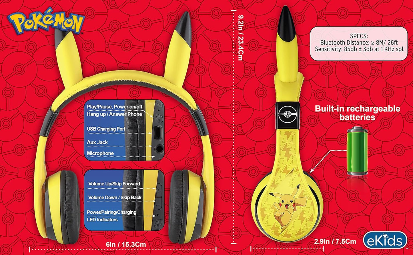 Ekids Pokemon Kids Bluetooth Headphones, Wireless Headphones with Microphone Includes Aux Cord, Volume Reduced Kids Foldable Headphones for School, Home, or Travel,Yellow