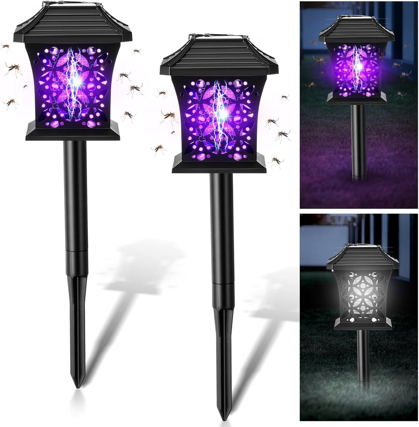 2 Pack Solar Bug Zapper with 365Nm UV Light, 2 Light Modes & 4 Installation Ways, Outdoor Mosquito Zapper for Lawn for Indoor Outdoor Use Garden & Camping Patio(Classic)