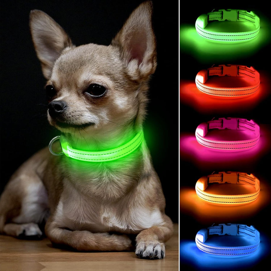 BSEEN Adjustable LED Dog & Cat Collar - Rechargeable, Small Breeds, Green, 8.5-11.8 Inches, Nylon, Lightweight, Reflective, 2 Flash Modes