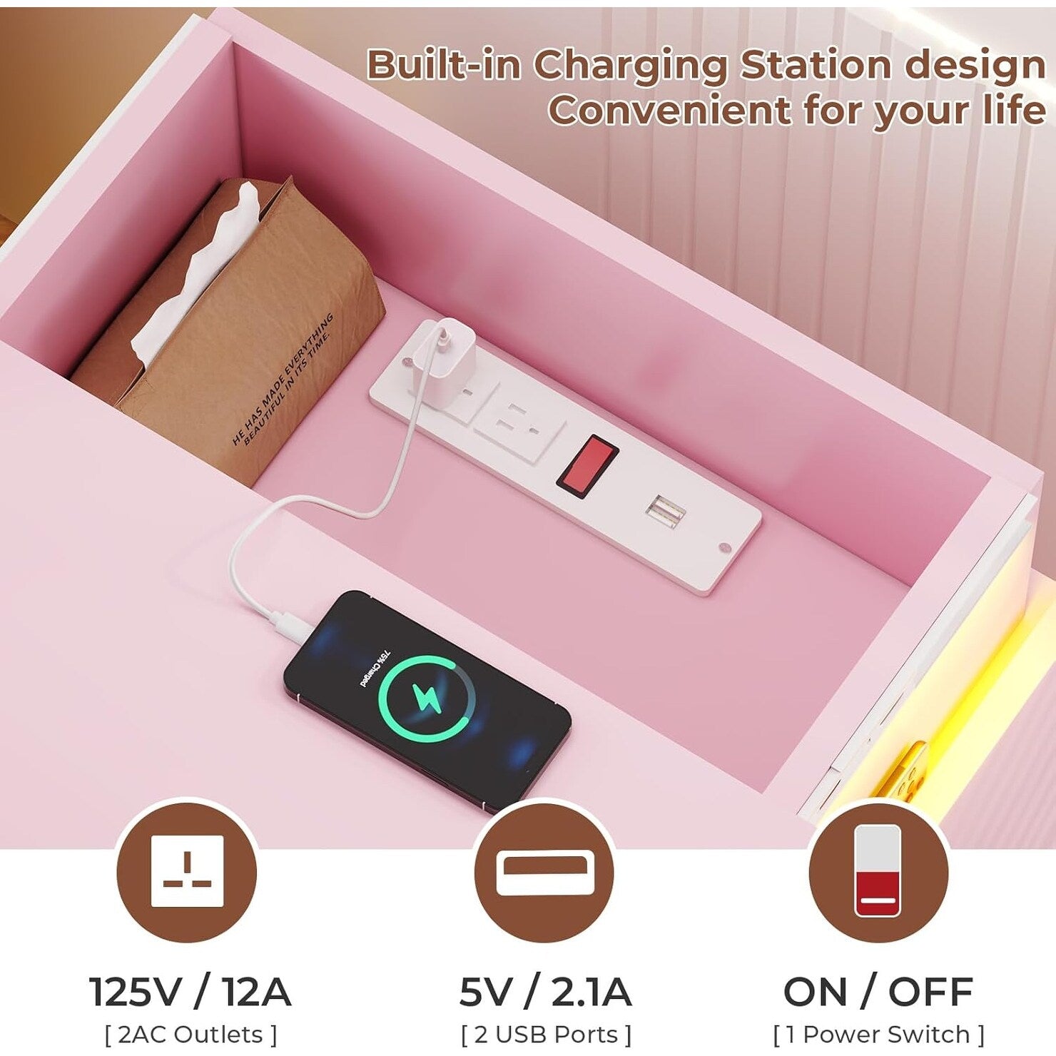 Bedroom Nightstand Charging Station LED Lights Sliding Top Drawers