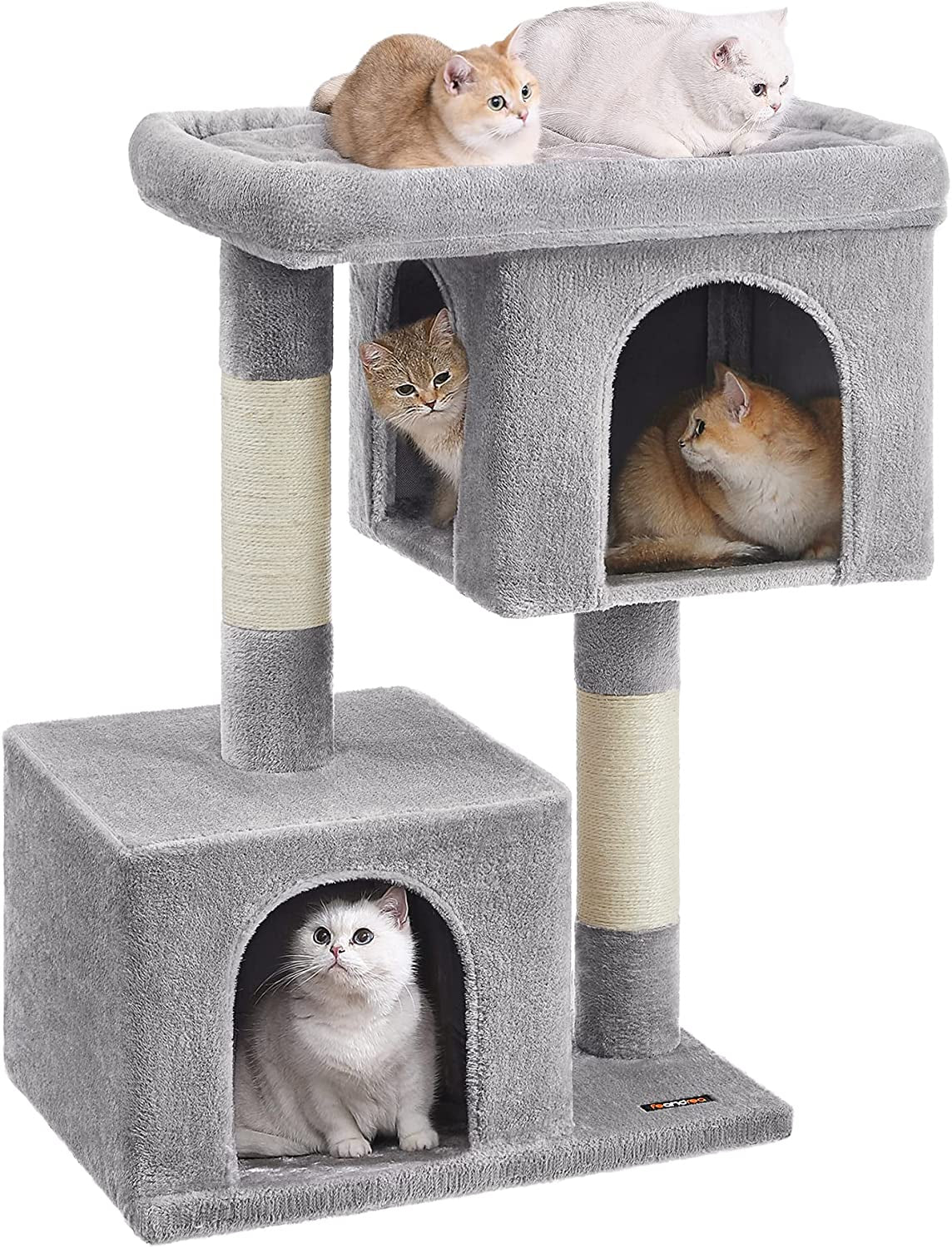 Feandrea Cat Tree, 33.1-Inch Cat Tower, Plush Condo for Large Cats up to 16 Lb, Large Perch, 2 Caves, Scratching Post, Light Gray UPCT61W