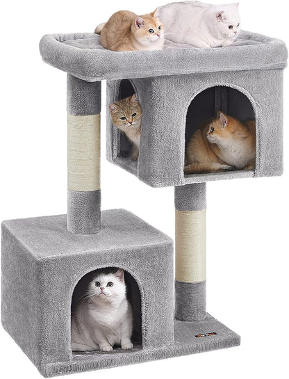 Feandrea Cat Tree, 33.1-Inch Cat Tower, Plush Condo for Large Cats up to 16 Lb, Large Perch, 2 Caves, Scratching Post, Light Gray UPCT61W