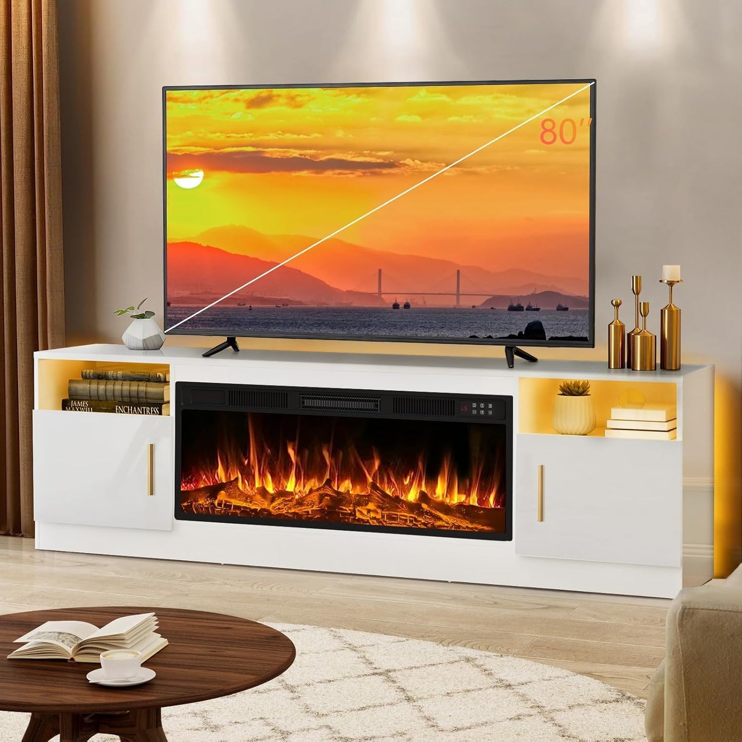 LEMBERI Fireplace TV Stand for up to 65 Inches Tvs, LED Modern Entertainment Center with Built-In Electric Fireplace Heater & Adjustable Glass Shelves, Media Console for Living Room, Grey