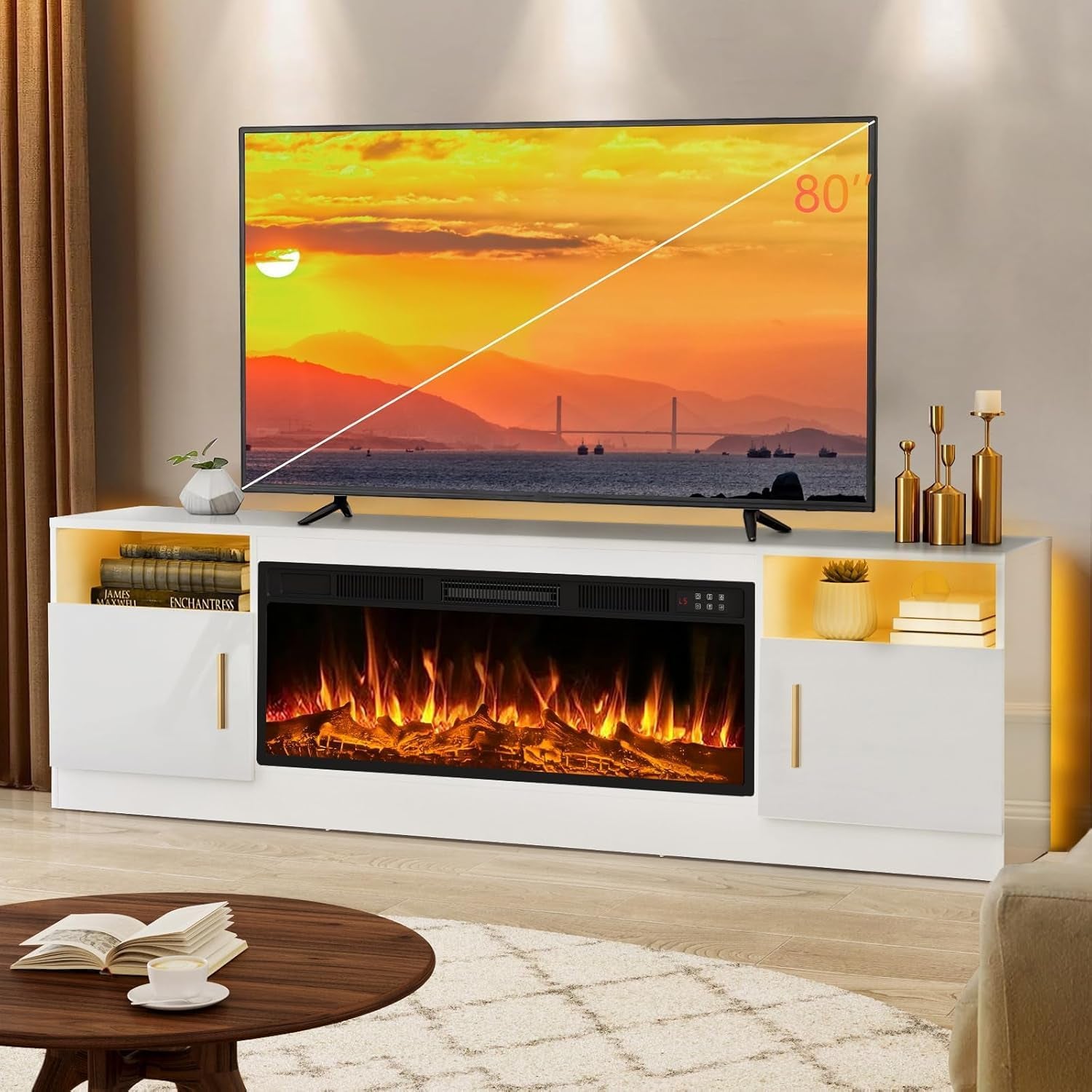 LEMBERI Fireplace TV Stand for up to 65 Inches Tvs, LED Modern Entertainment Center with Built-In Electric Fireplace Heater & Adjustable Glass Shelves, Media Console for Living Room, Grey