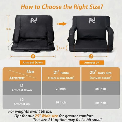 SLSY Heated Stadium Seat Bleacher Seat with Back & Arm Support, Portable 6 Reclinng Positions Stadium Seating for Bleachers, Bleacher Seats for Sports Events, Outing, Travelling, Hiking
