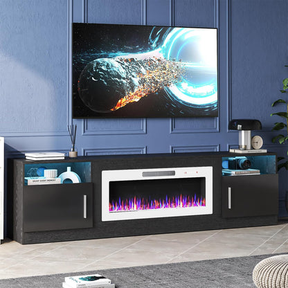 Tavata Fireplace TV Stand Entertainment Center with 36" Fireplace, 70" Wooden TV Console for Tvs up to 80", Modern TV Stands for Living Room with High Gloss Storage Cabinet and LED Lights (Grey)