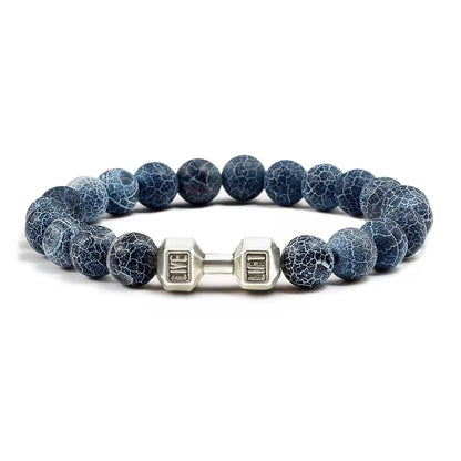 ForgeFit™ Volcanic Stone Fitness Bracelet / Natural Volcanic Stone Bracelet Men Matte Black Lave White Beads Charm Dumbbell Strand Bracelets Women Barbell Fitness Jewelry